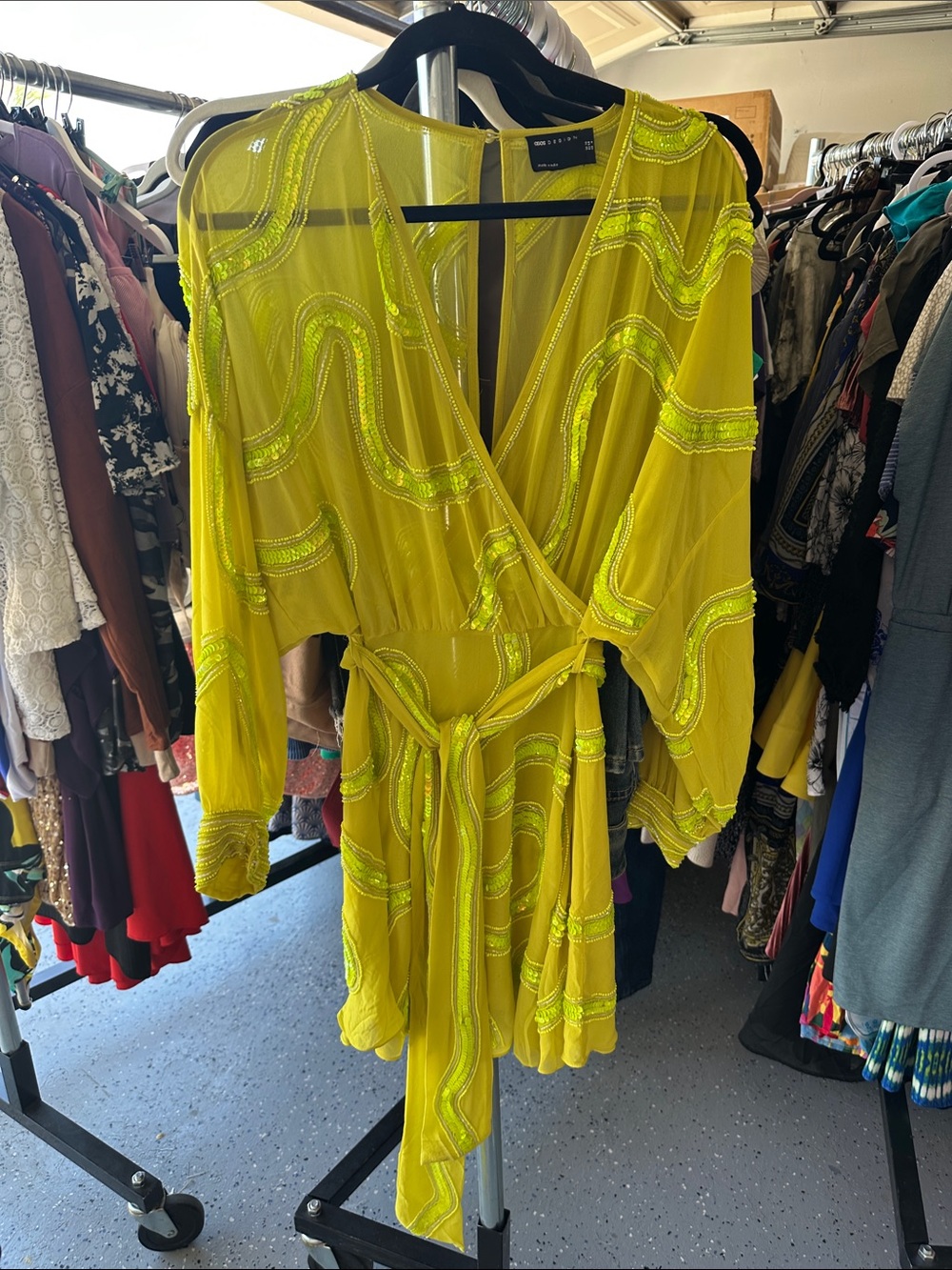 ASOS Design Neon Yellow Beaded Wrap Dress